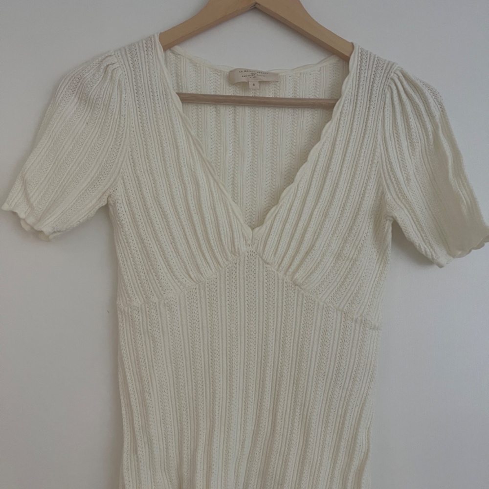 Sezane Cream Ribbed Knit Short Sleeve Top